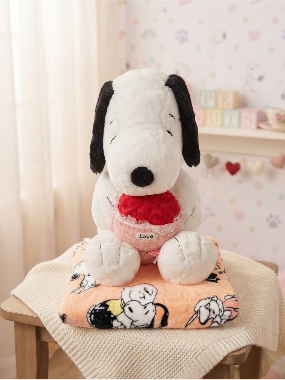 Peanuts Snoopy White Plush Dog Toy with Red Heart 16” W/blanket